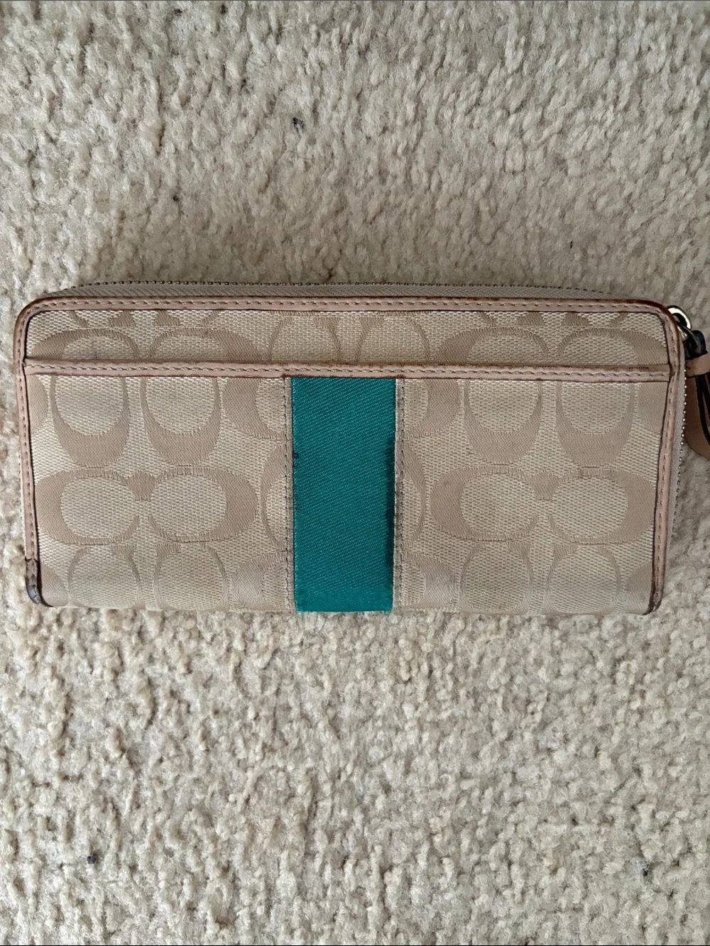 Coach Beige Signature Wallet with Teal Center Stripe